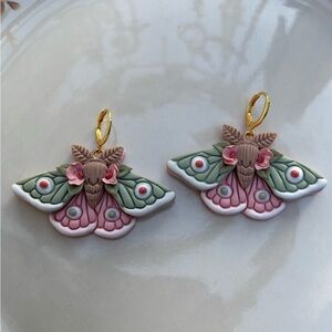 Moth Shaped Earrings with Pink and Green Accents